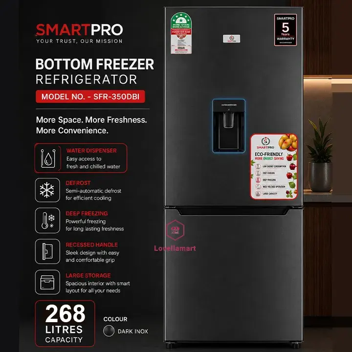 SmartPro 268 Litres SFR350DBI Bottom Freezer Fridge with Dispenser SmartPro 268L SFR-350-DBI Bottom Freezer No-Frost Refrigerator - Image 1