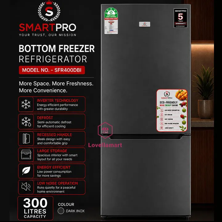 SmartPro 300Litres SFR-400DBI Bottom Freezer Refrigerator SmartPro 300L SFR-400-DBI Bottom Freezer No-Frost Refrigerator - Image 1